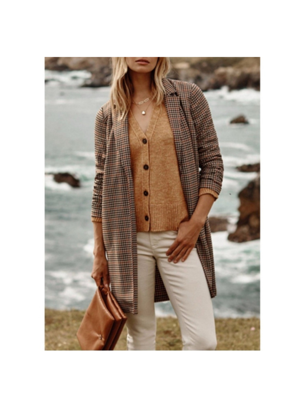 J Jill Sz M Tall Sonoma Houndstooth Duster Jacket Brown & Orange Business Career - Picture 1 of 11